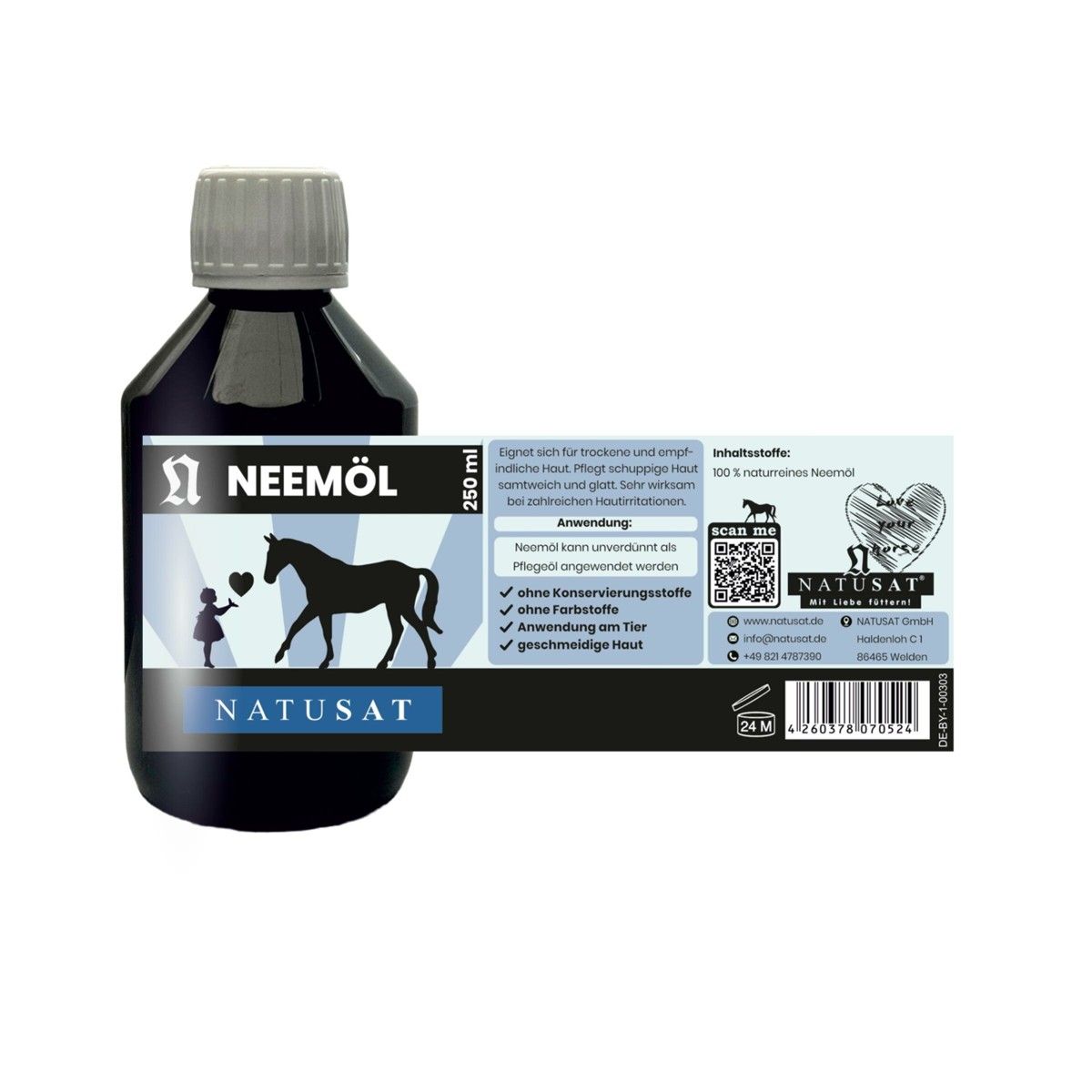 Eine Flasche Neemöl mit Etikett. Auf dem Etikett steht Neemöl und Natusat. Es gibt auch Informationen über die Inhaltsstoffe.