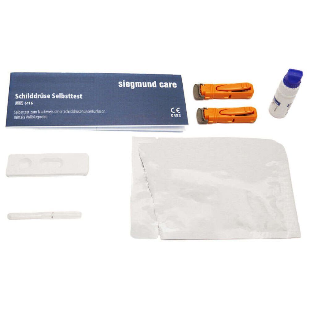 Packung und Zubehör für einen Schilddrüsen-Selbsttest. Enthält Teststreifen, Lanzetten, eine Flasche und eine Anleitung.