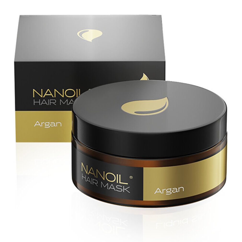 Nanolash Haarmaske Argan mit Umverpackung. Brauner Tiegel mit schwarzem Deckel und goldener Banderole.
