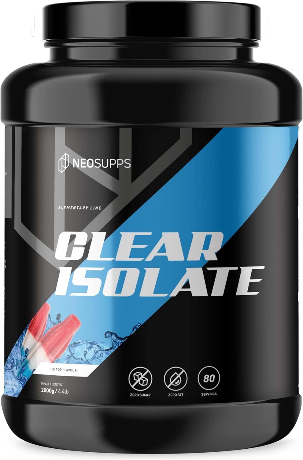 Schwarze Dose "Clear Isolate" mit blauem Streifen und Text. Enthält 80 Portionen. Logos und Produktnamen.