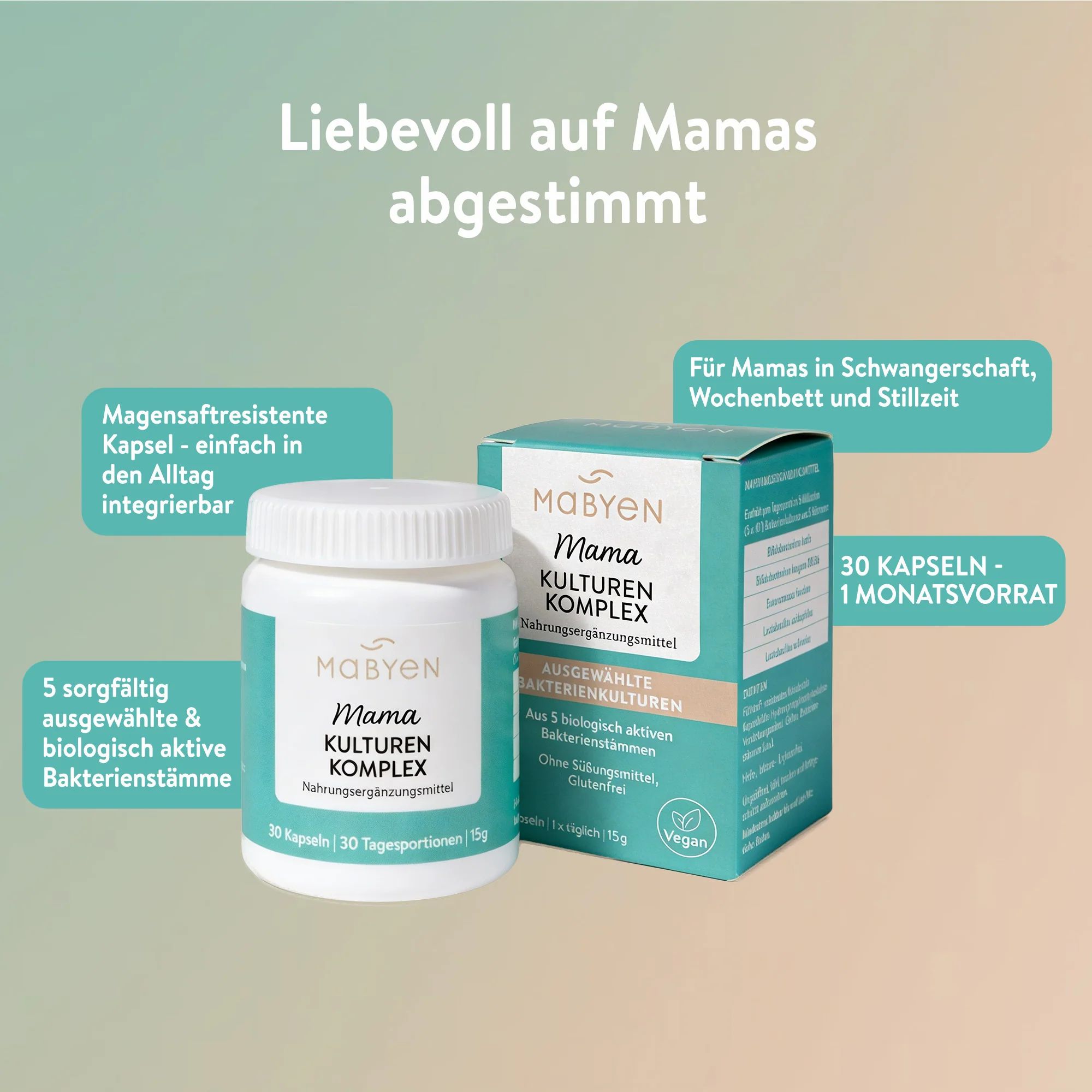 MABYEN Mama Kulturen Komplex: Flasche und Karton mit 30 Kapseln. Magensaftresistente Kapseln.