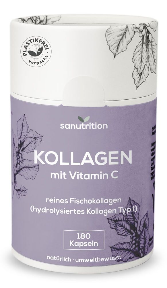 Zylindrische Dose mit Sanutrition Kollagen mit Vitamin C. Aufschrift: 180 Kapseln. Plastikfrei verpackt.