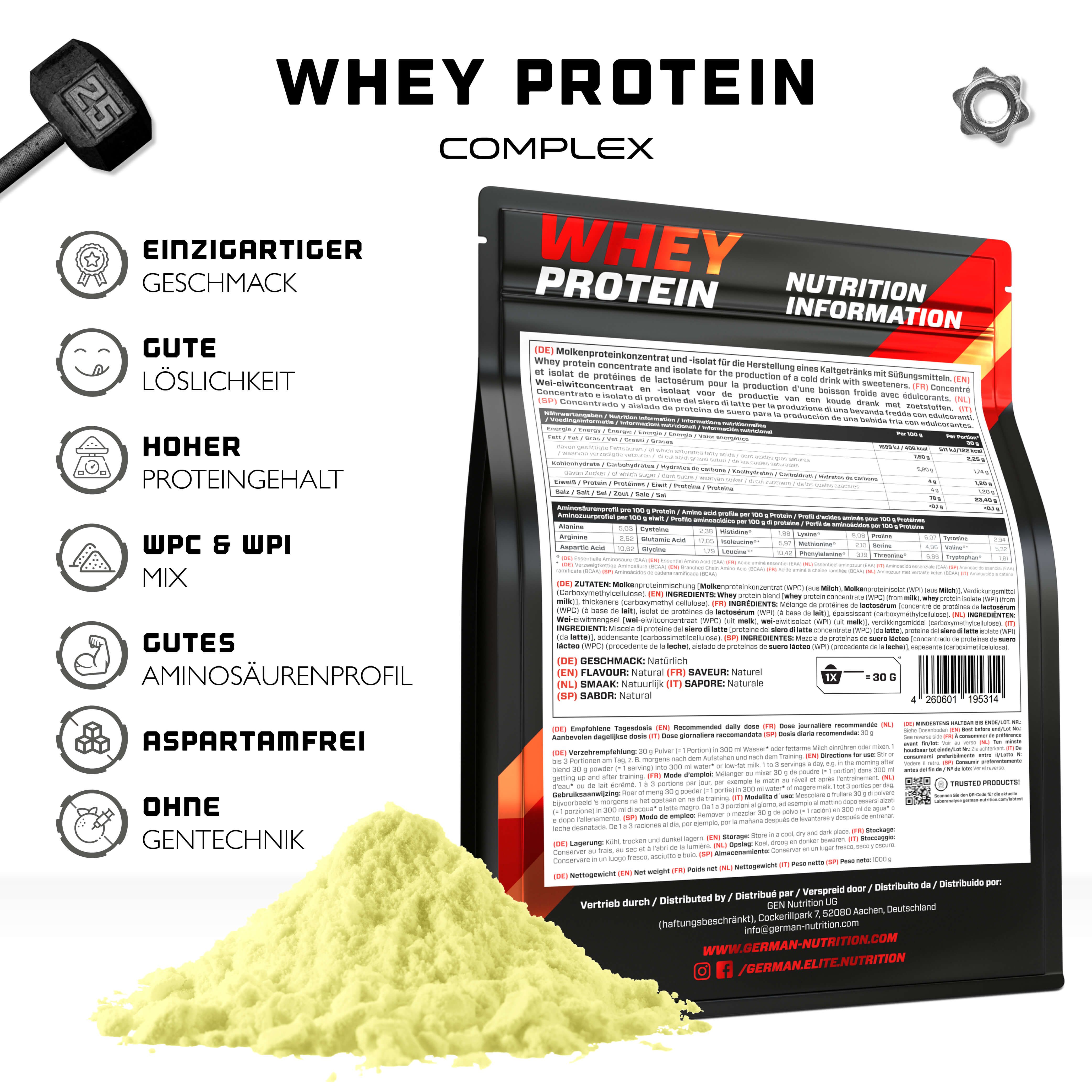 Schwarze Tüte mit gelbem Pulver. Aufdruck: WHEY PROTEIN COMPLEX, Nutrition Information. Links: Icons und Text. Pulverhaufen daneben.
