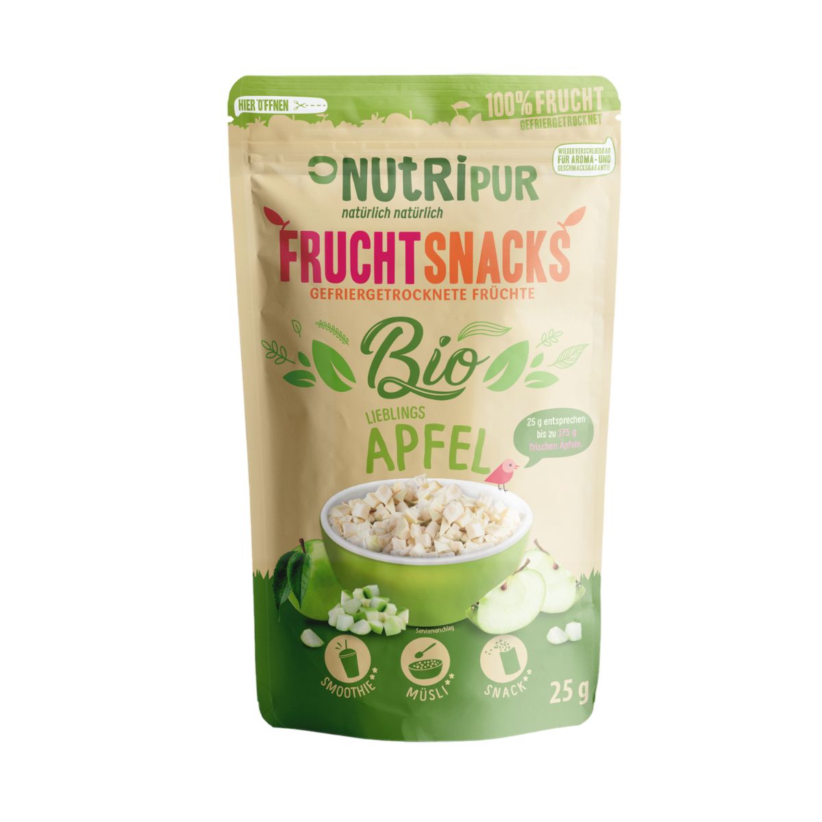Beutel mit NutriPur Bio-Apfelstücken. Aufschrift: Frucht Snacks, gefriergetrocknete Früchte, Bio, Apfel. 25g Packung.