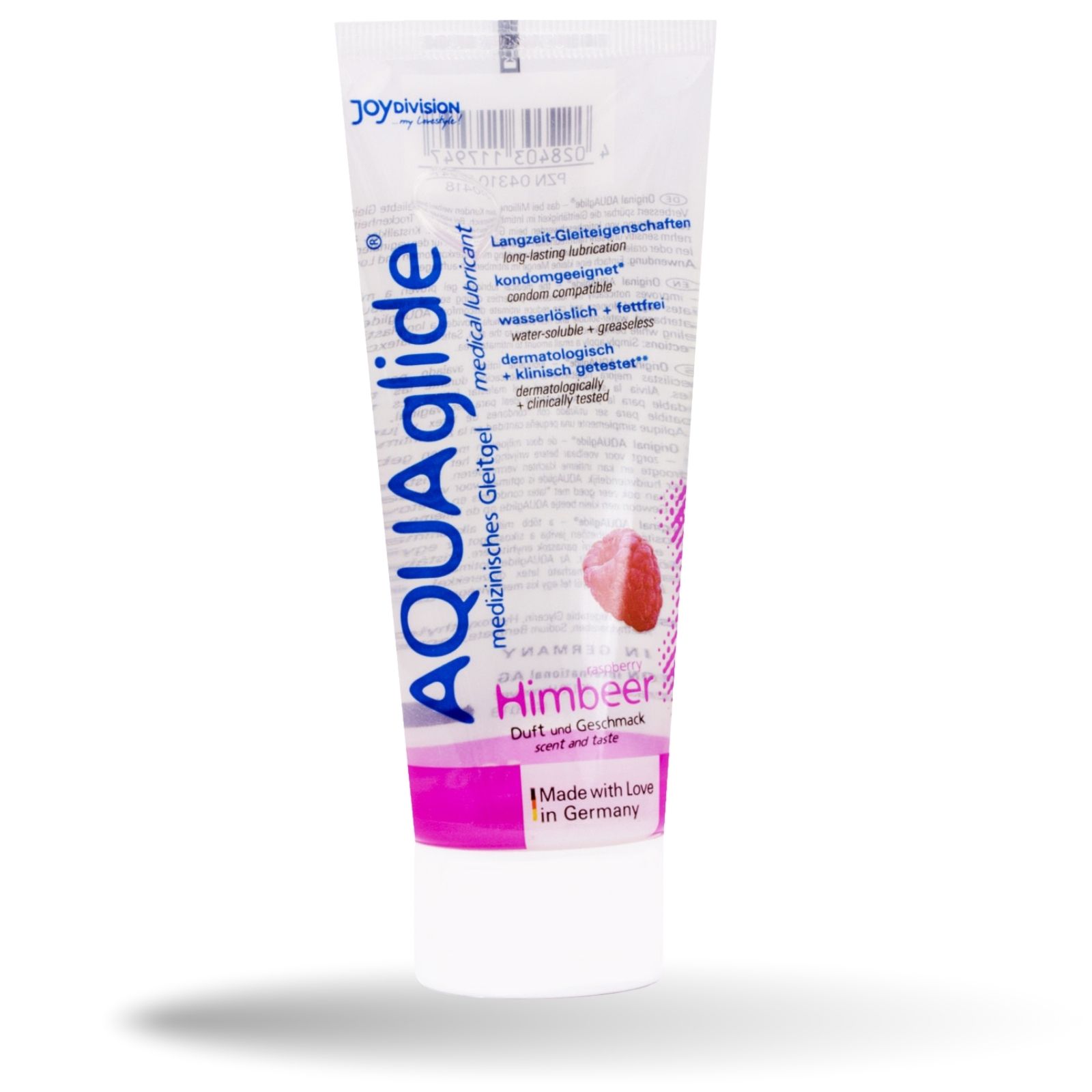 Tube AQUAglide Gleitgel Himbeere. Weißes Tube mit rosa Akzenten. Text: medizinische Gleitgel, Himbeerduft.