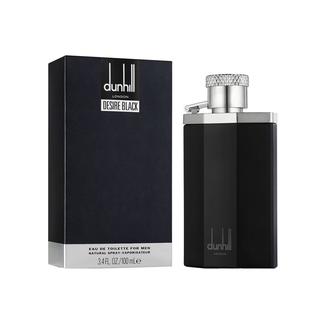 Schwarzer Flakon und Verpackung. Auf der Verpackung steht "dunhill London Desire Black". Der Flakon hat eine rechteckige Form.