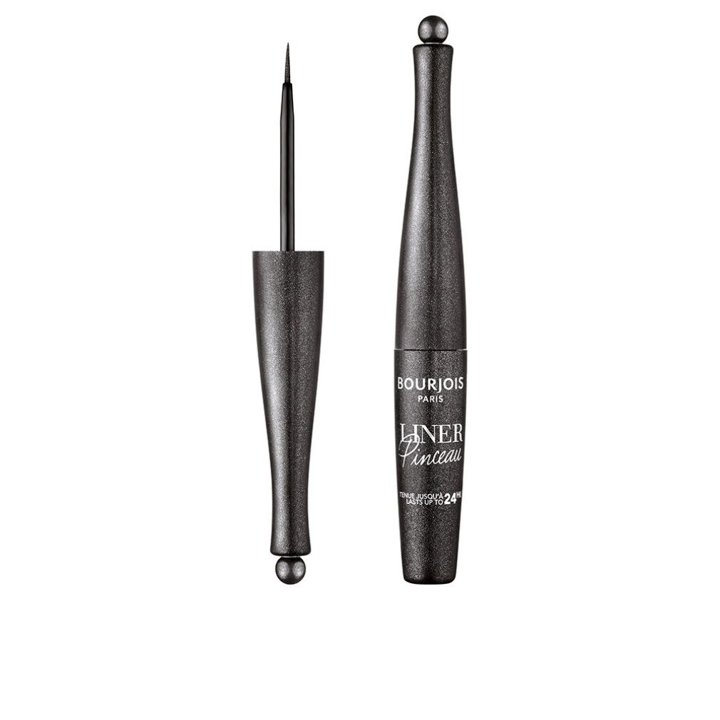 Schwarzer Eyeliner mit Pinselapplikator. Flasche mit Kugelverschluss. Aufschrift: Bourjois Liner Pinceau.