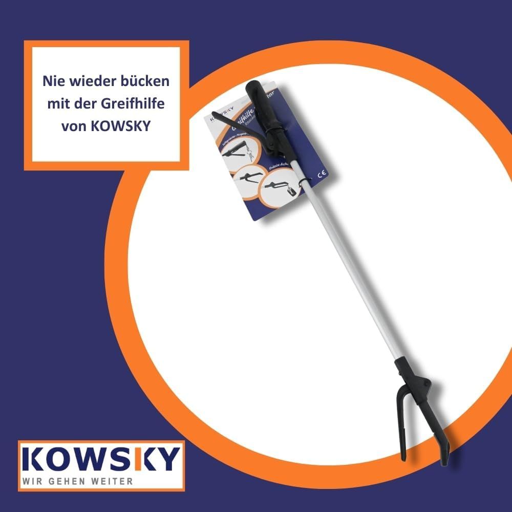 Greifhilfe, schwarz, mit Greifzange und Handgriff. Verpackung mit Produktabbildung. Text: KOWSKY, Wir gehen weiter.