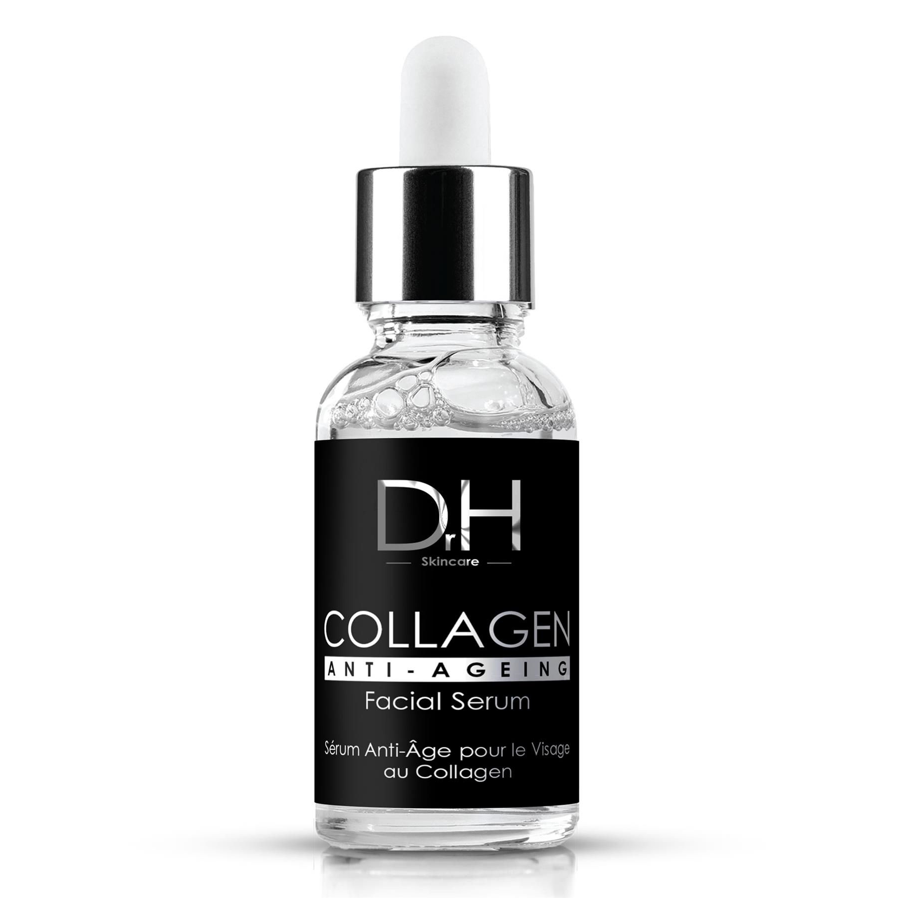 Dr H Skincare Kollagen Anti-Aging Gesichtsserum in Glasflasche mit Pipette.
