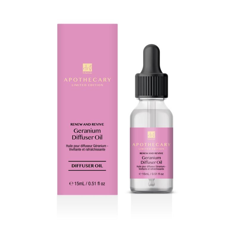 Dr. Botanicals Geranium Diffusoröl in Glasflasche mit Pipette und Umverpackung.