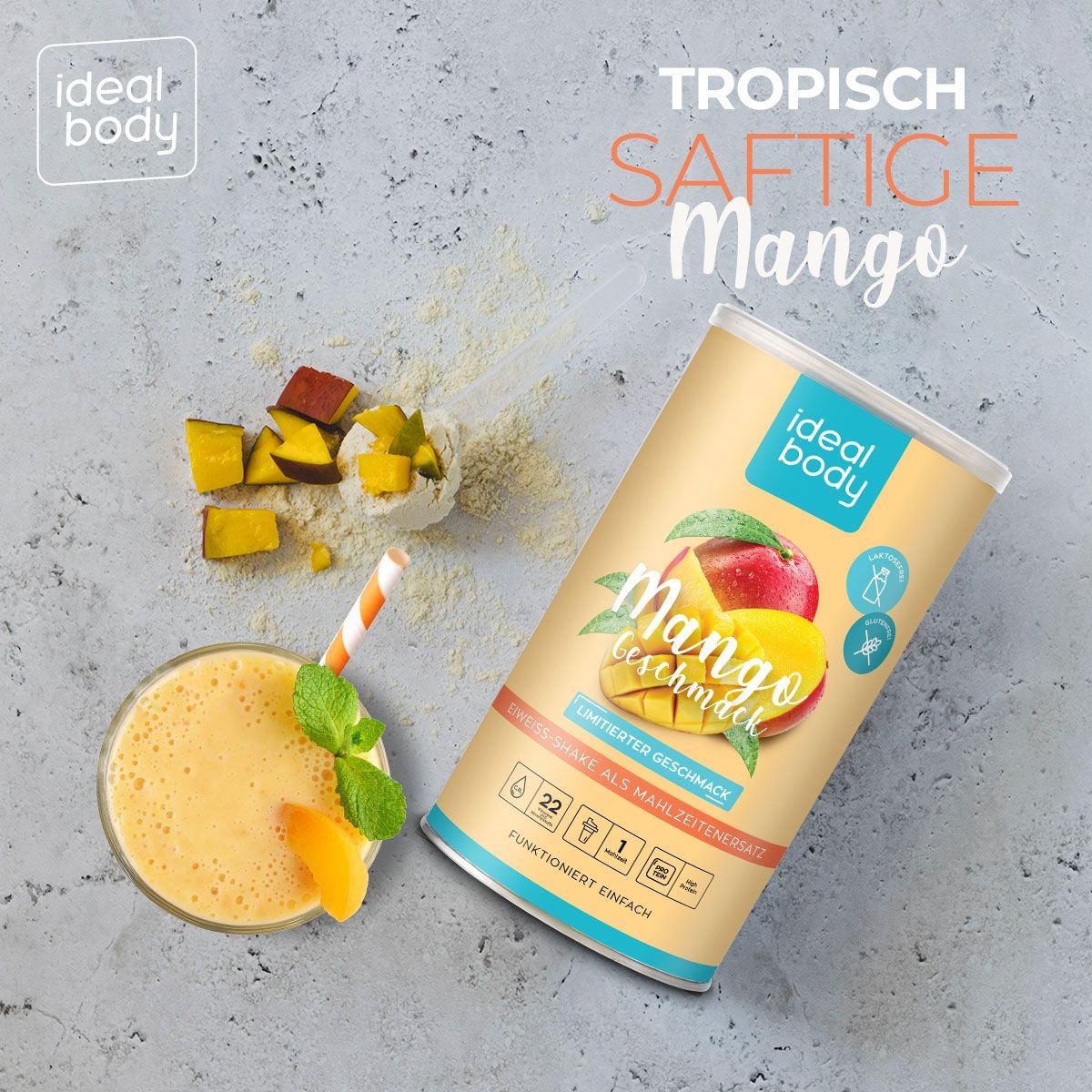 Behälter mit "ideal body"-Logo und Mango-Abbildung. Glas mit Getränk, Mango-Stücke. Text: "Mango Geschmack", "Eiweiß-Shake".