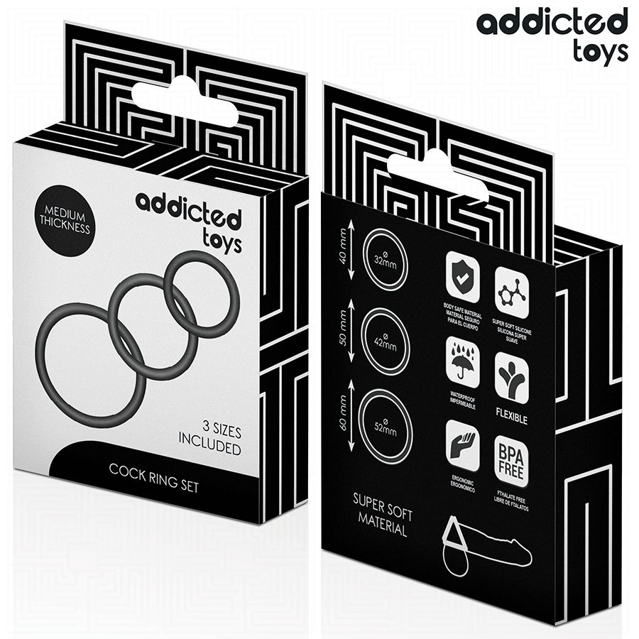 Zwei Seiten einer Verpackung für Cock Ring Sets. Aufschrift: Addicted Toys, 3 Sizes Included, Super Soft Material.