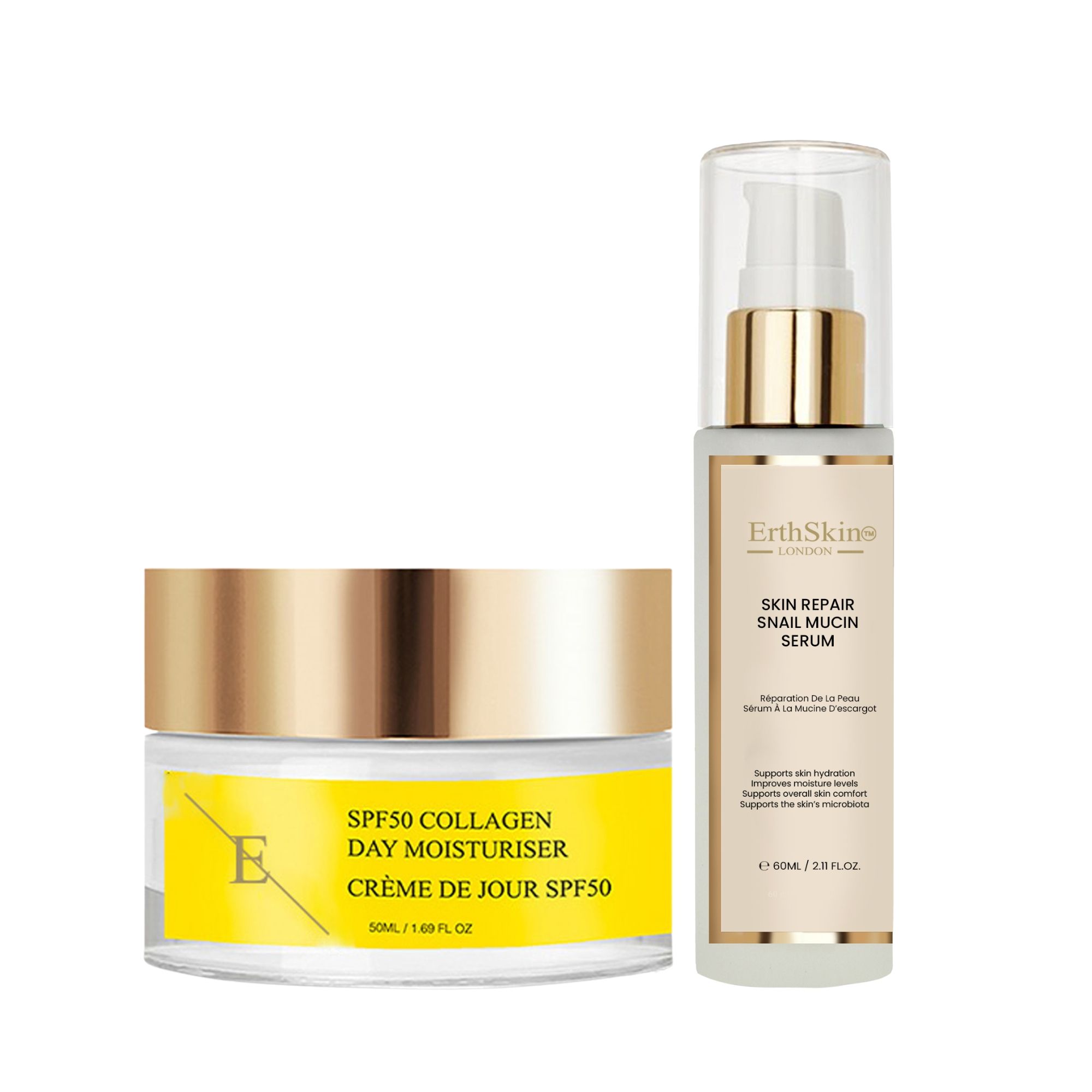 ErthSkin London Hautregenerierendes Schneckenserum und Kollagen-Tagescreme mit LSF 50.