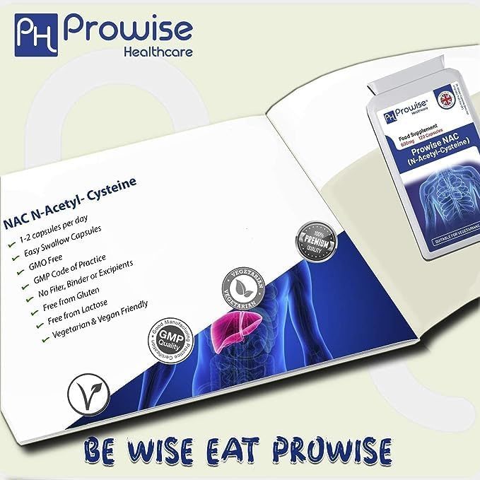 Produktbroschüre mit Prowise NAC Kapseln. Enthält Informationen zu Inhaltsstoffen und Zertifizierungen. Mit Logo und Slogan.