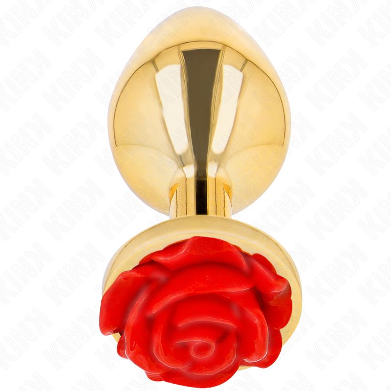 Goldener Analplug mit roter Rosenapplikation am Sockel.
