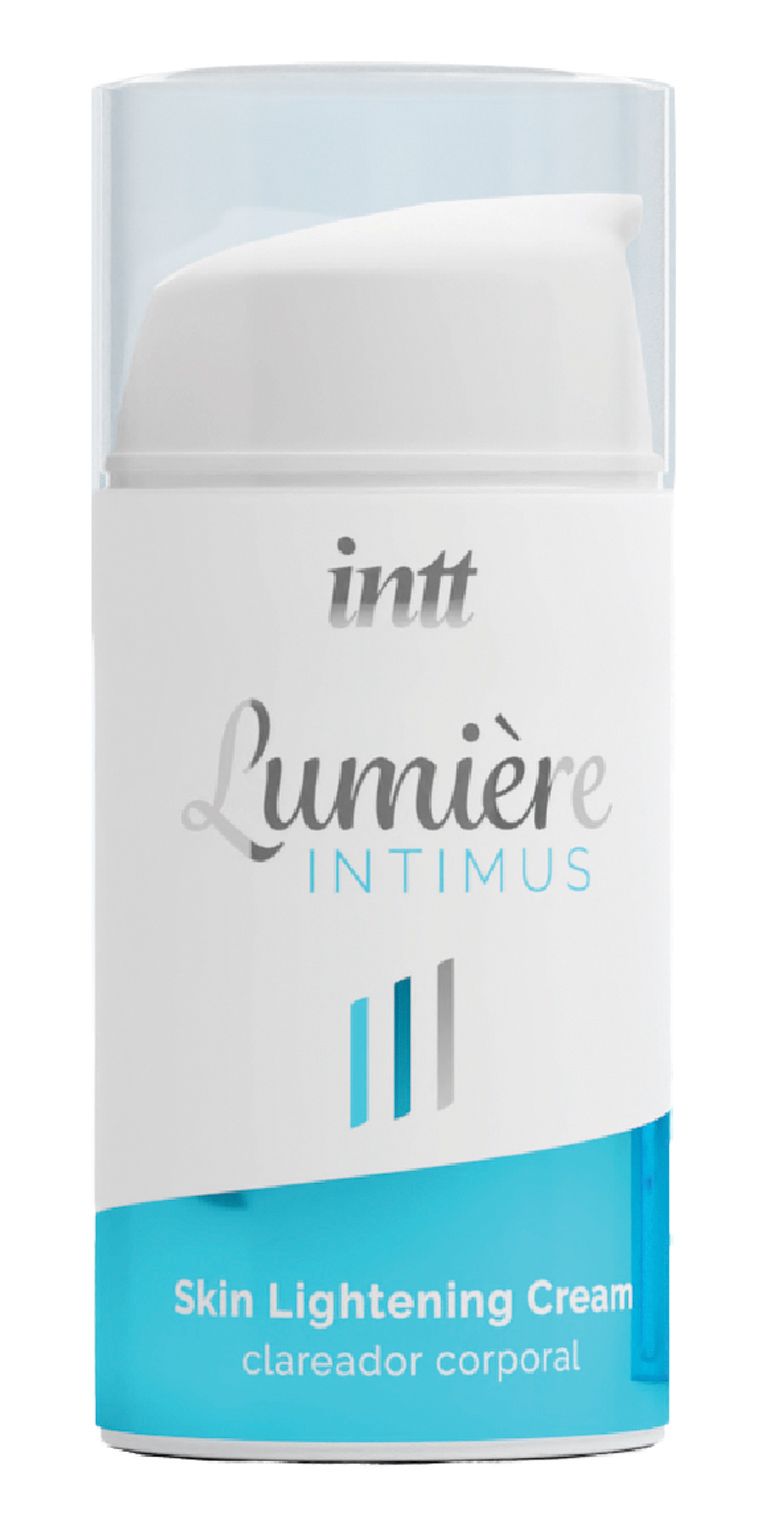 Zylinderförmige Flasche mit Pumpkopf. Aufschrift: intt, Lumière Intimus, Skin Lightening Cream. Türkis-weiße Farbgebung.
