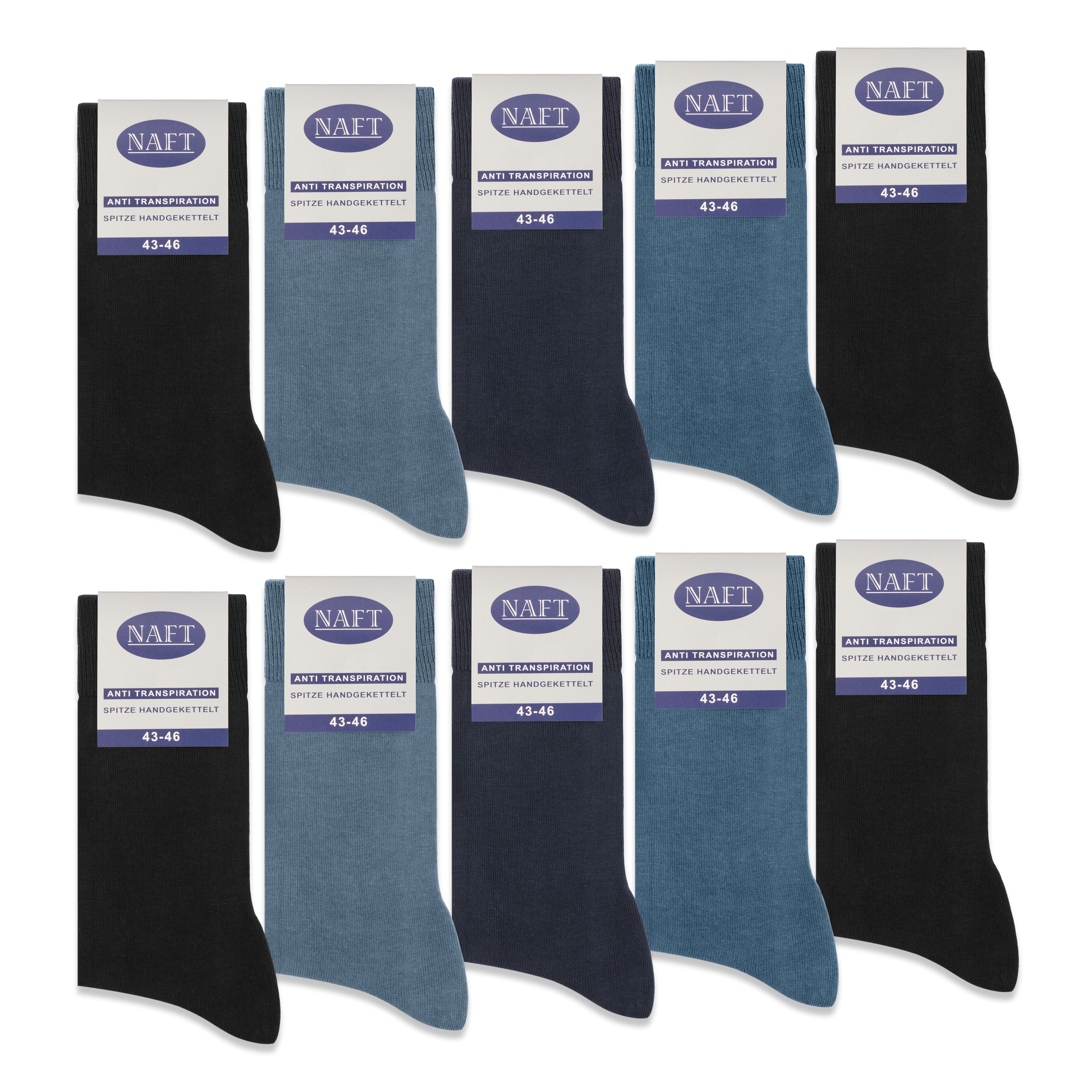 Mehrere Socken in verschiedenen Farben, mit Etiketten. Auf den Etiketten steht "NAFT" und "ANTI-TRANSPIRATION". Größenangabe: 43-46.