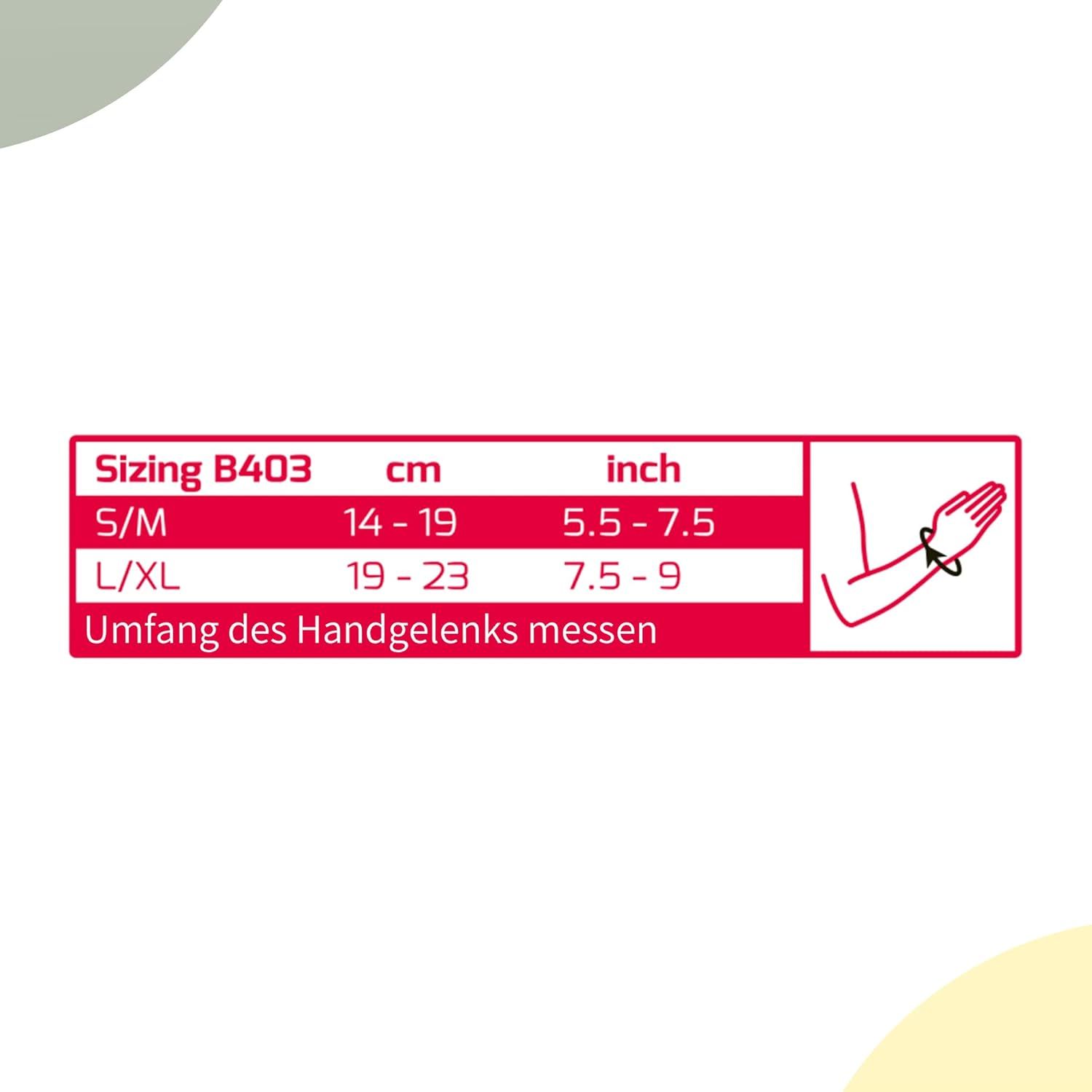 Handgelenkbandage mit "S"-förmiger Stütze und vier weißen Punkten.