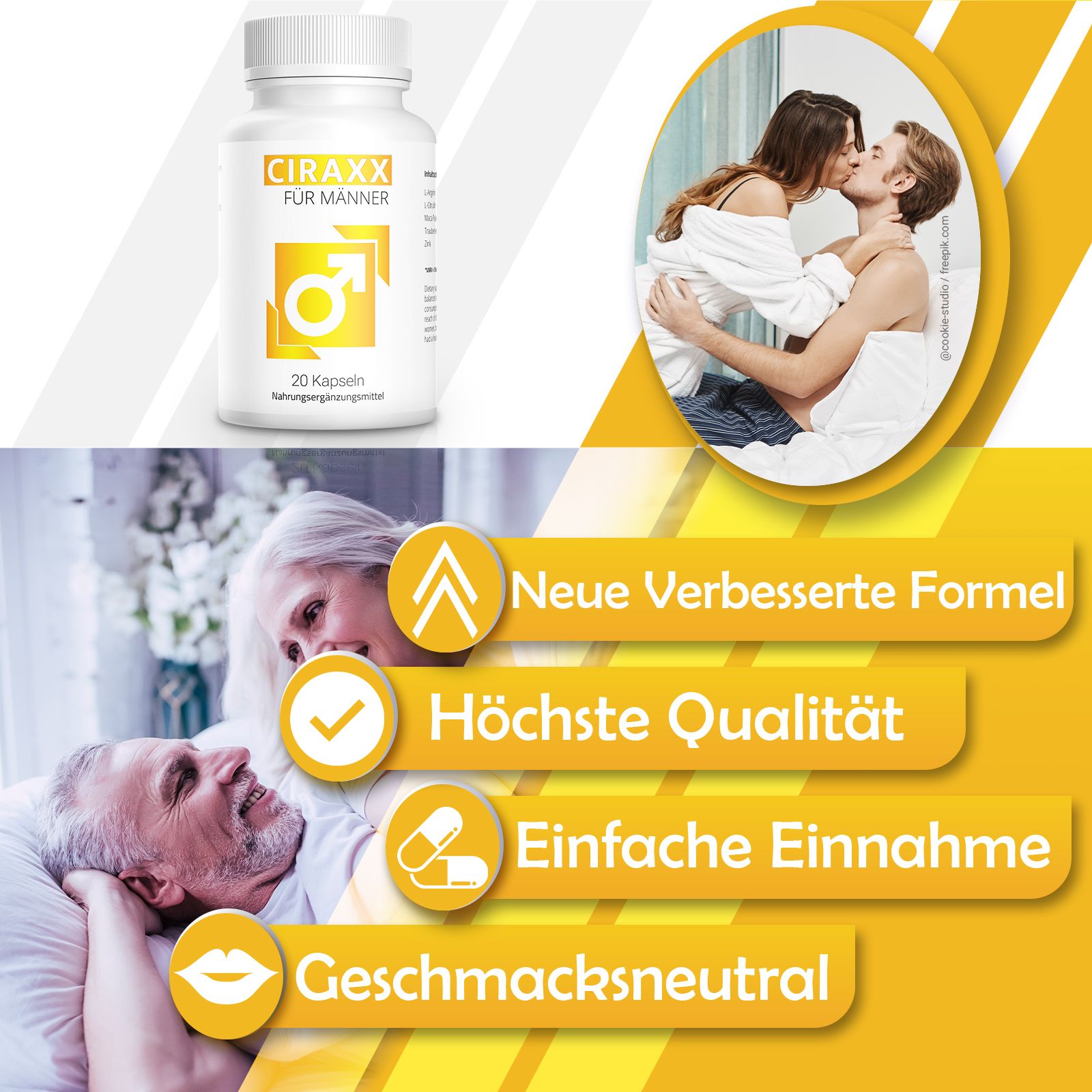 Weiße Flasche mit gelbem Etikett. Aufschrift: Ciraxx für Männer, 20 Kapseln. Nahrungsergänzungsmittel. Textfelder: Neue verbesserte Formel, etc.