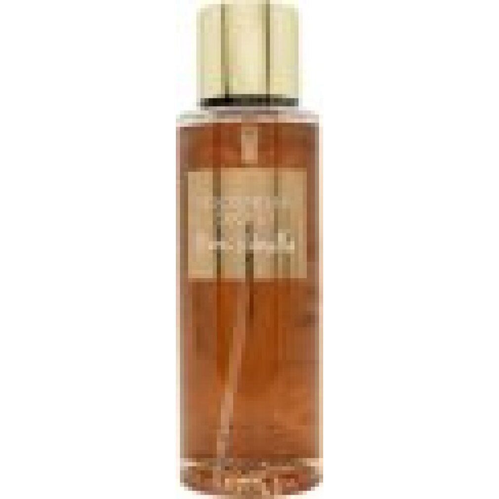 Körpernebel-Spray. Flasche mit goldfarbenem Deckel und Sprühkopf. Etikett mit Text: Victoria's Secret, Bare Vanilla.