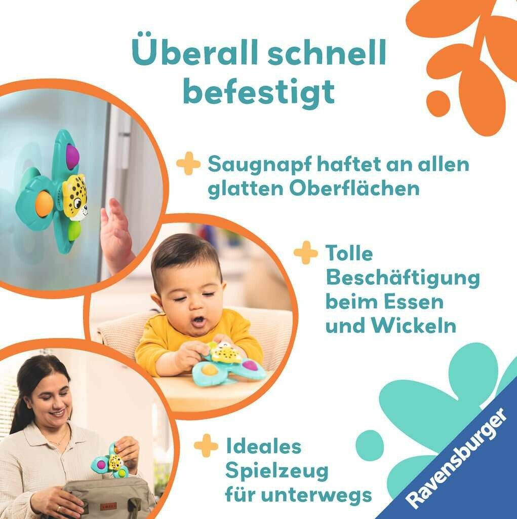 Spielzeug mit Affenmotiv, Saugnapf. Baby hält Spielzeug. Text: Überall schnell befestigt, Saugnapf, tolles Spielzeug, ideales Spielzeug für unterwegs. Ravensburger.