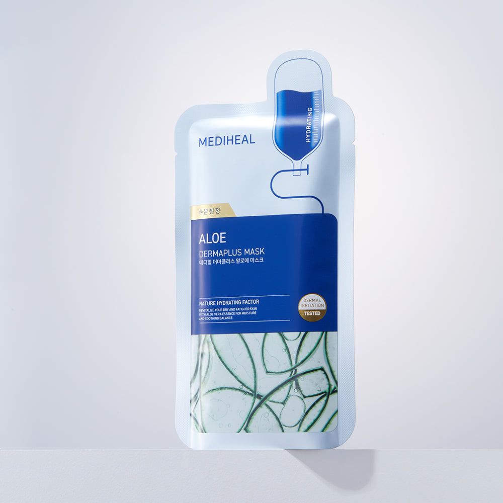 Verpackung der MEDIHEAL Dermaplus Aloe Maske mit Aloe-Vera-Motiv.