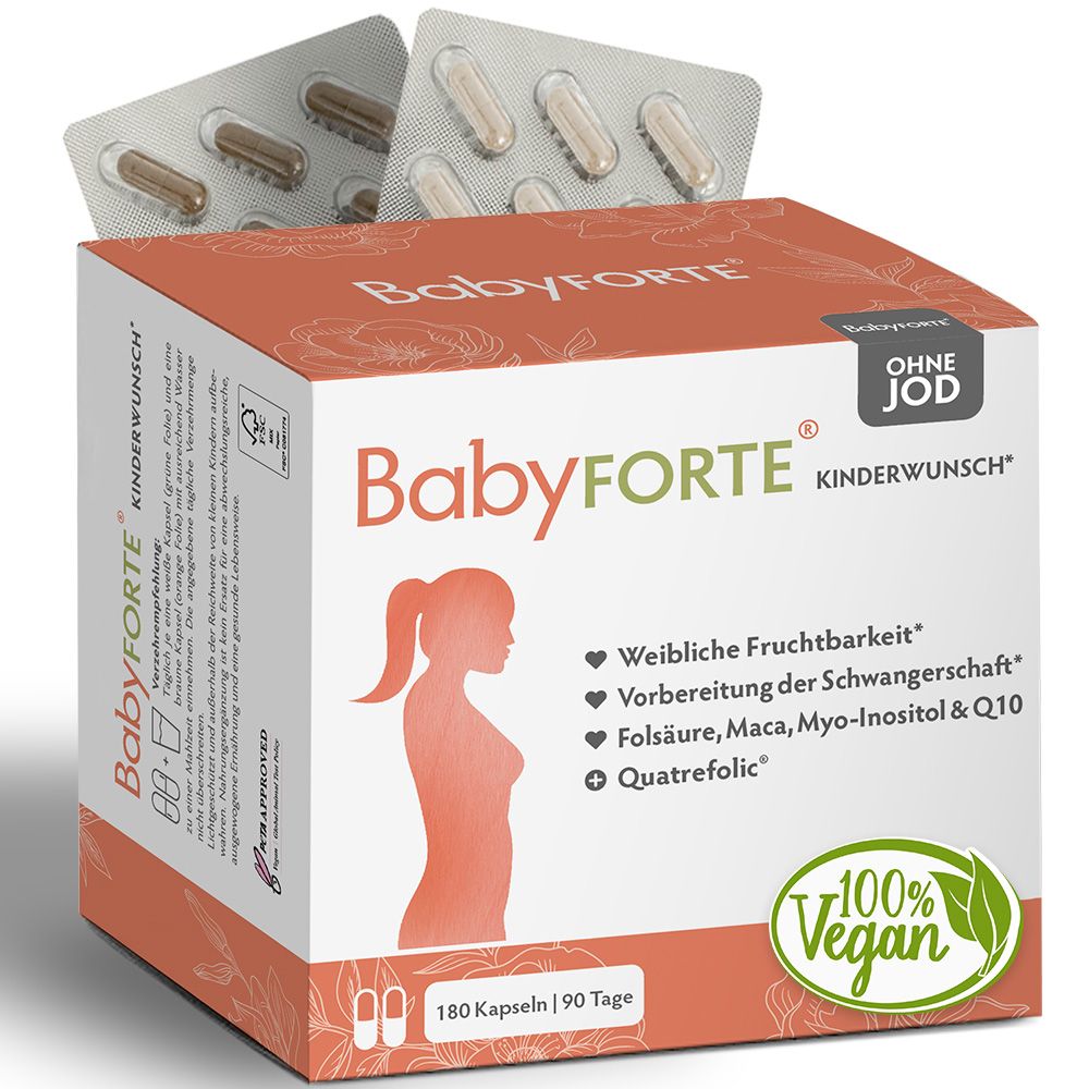 BabyFORTE Kinderwunsch: 800 mcg Folsäure, 100% vegan, PETA zertifiziert, Made in Germany.