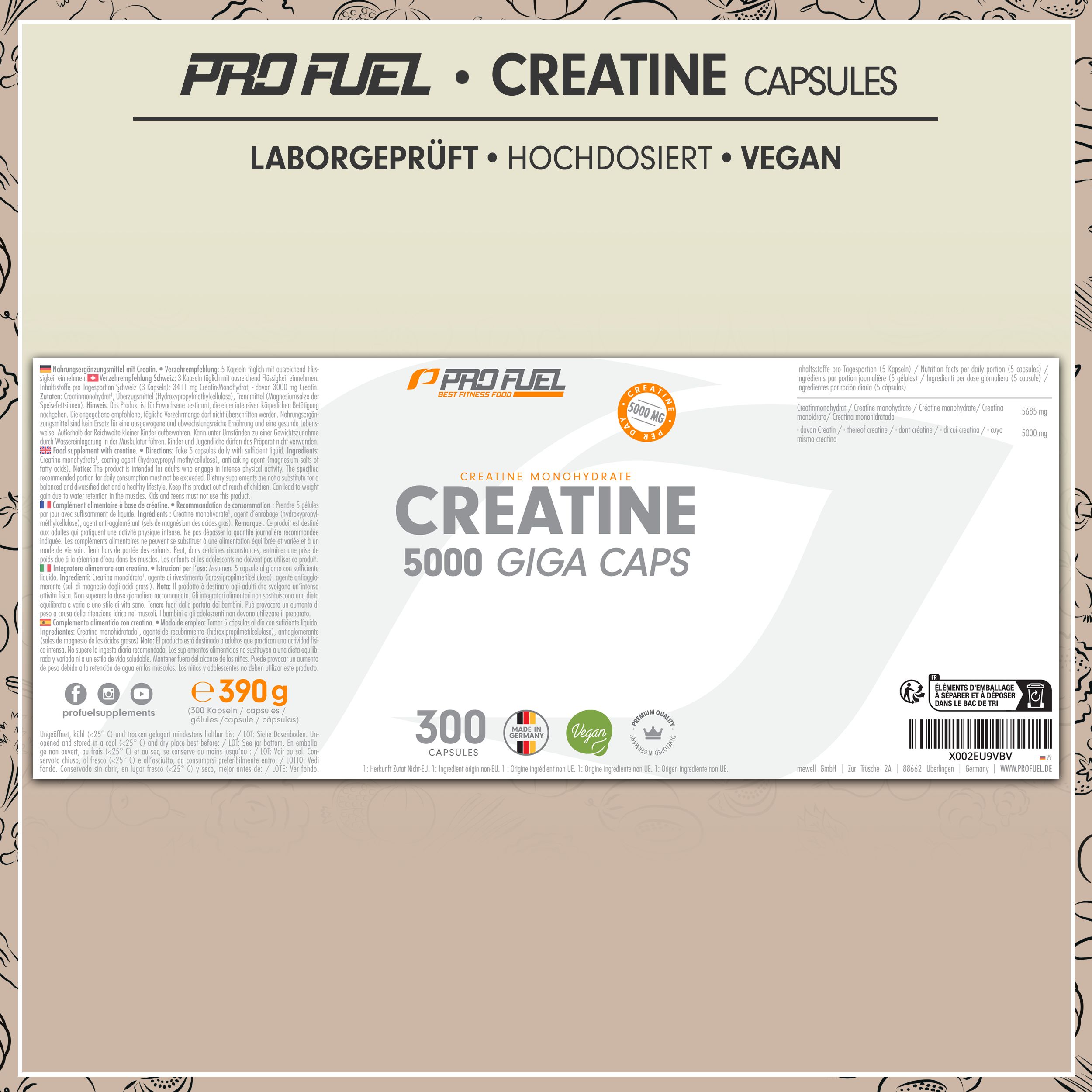 Verpackung von CREATINE 5000 GIGA CAPS. Text: 300 Kapseln. Logos: Vegan, Laborgeprüft. Informationen und Text auf der Verpackung.