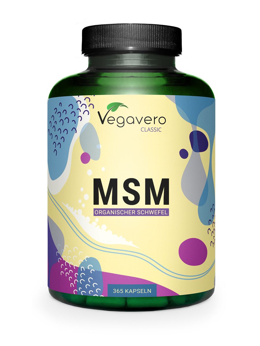 Grüne Flasche mit schwarzen Deckel. Aufkleber mit "Vegavaro Classic" und "MSM Organischer Schwefel". 365 Kapseln.