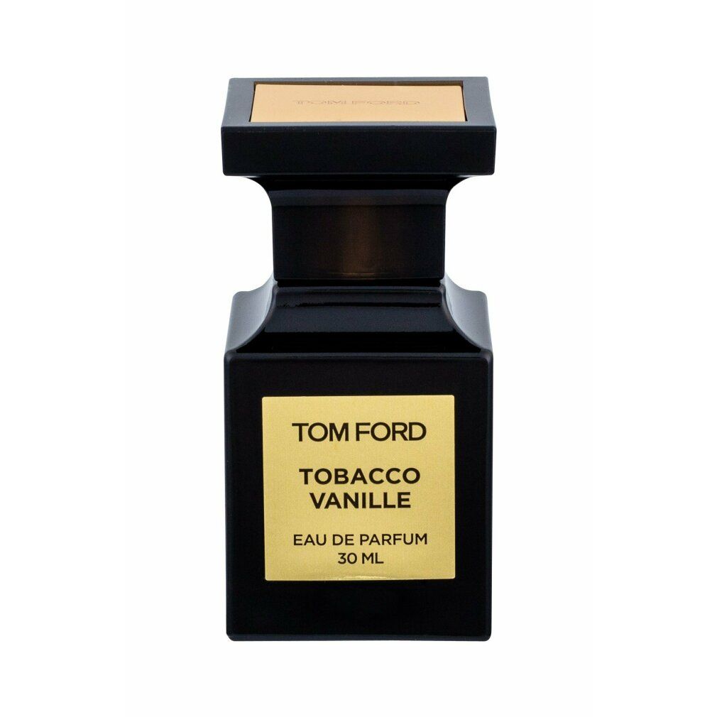 Schwarzer Flakon mit goldfarbenem Etikett. Aufschrift: TOM FORD, Tobacco Vanille, Eau de Parfum, 30 ml. Schwarzer Verschluss.