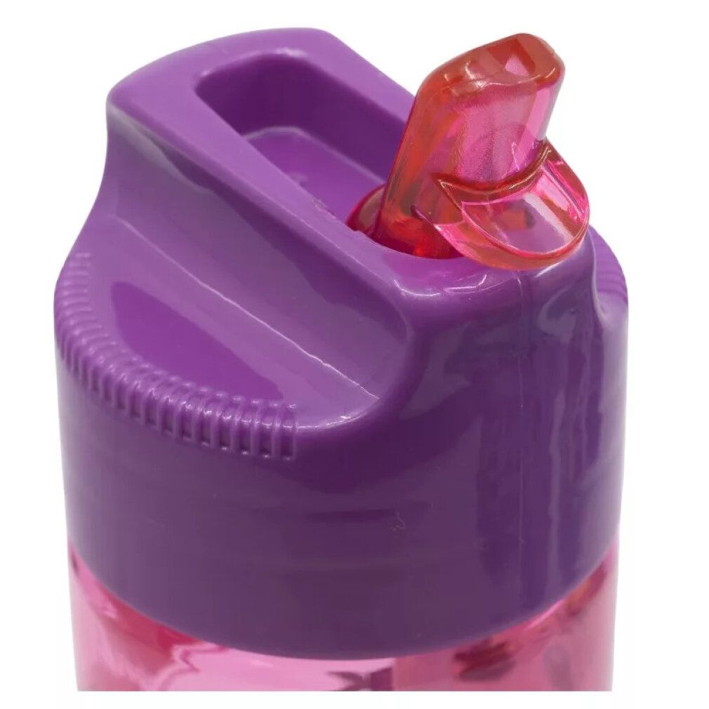 Flaschenverschluss, lila und rosa. Der Deckel hat einen Schnappverschluss. Detailaufnahme.