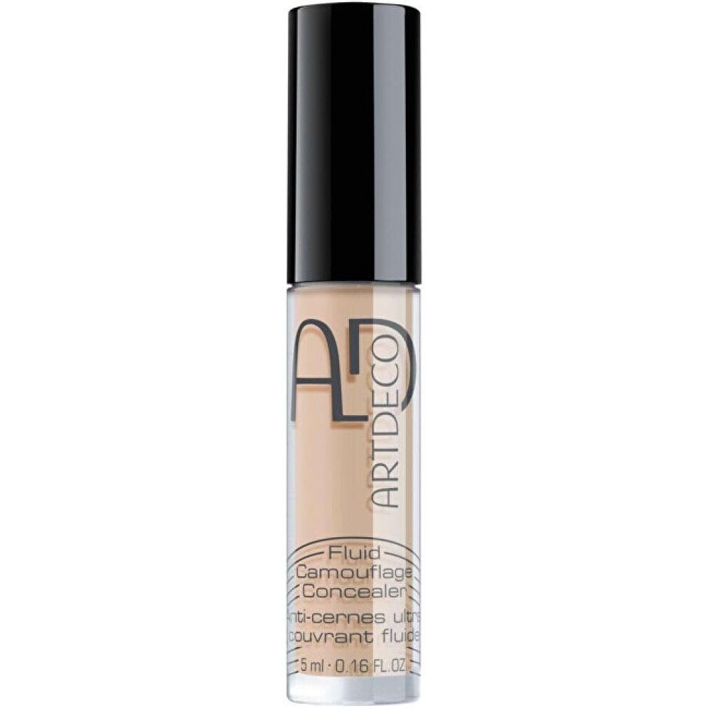Artdeco Concealer Fluid. Flasche mit schwarzem Deckel. Aufschrift: Fluid Camouflage Concealer. Farbe: Peach Medium.