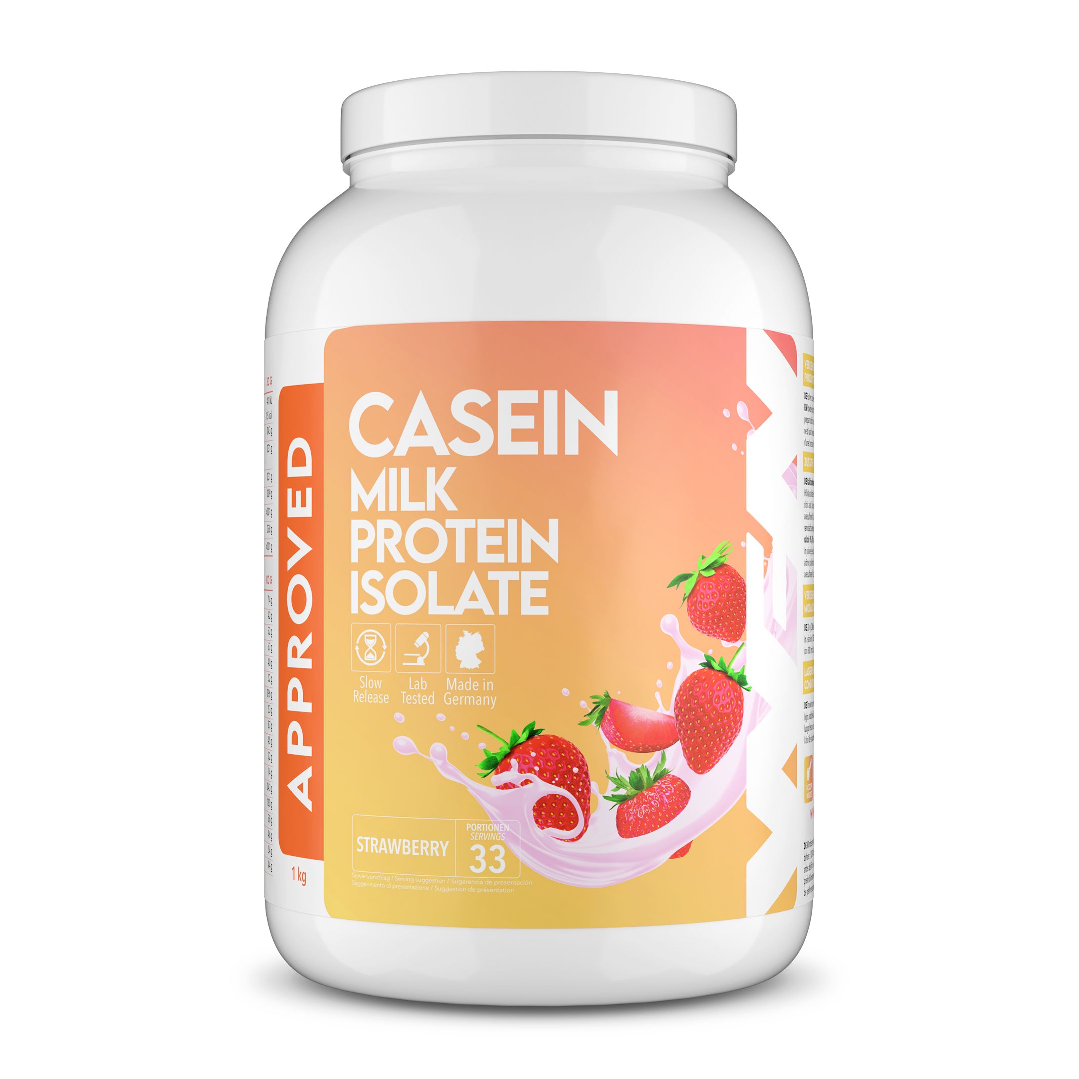 Weißer Casein-Behälter mit Erdbeeren. Text: Casein Milk Protein Isolate, Erdbeere, 33 Portionen, Approved.
