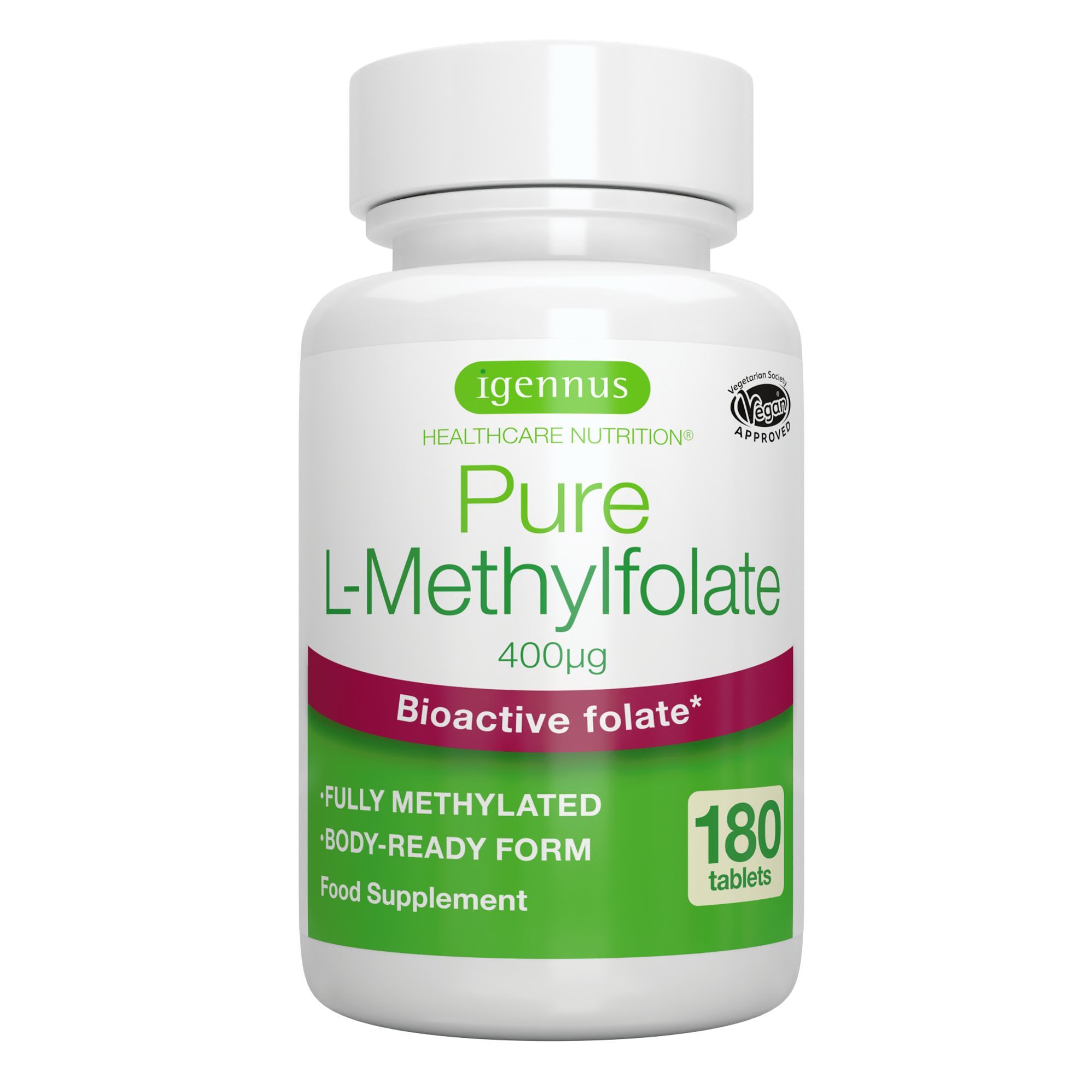 Igennus L-Methylfolat 400mcg Tablettenflasche mit 180 Stück.