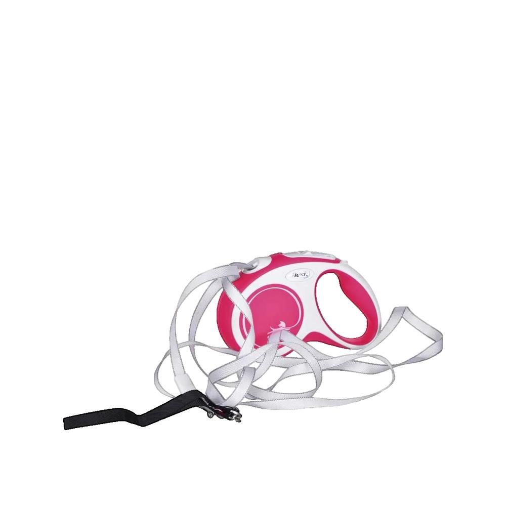 Hundeleine, rot-weiß. Gehäuse mit intuitivem Bremssystem. Schwarzer Karabinerhaken und Griff. Reflektierendes Band.