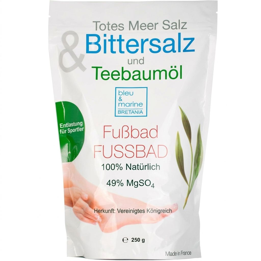 Verpackung mit "Totes Meer Salz & Bittersalz und Teebaumöl". Enthält Fußbad, 100% natürlich, 49% MgSO4. Herkunft: Vereinigtes Königreich.