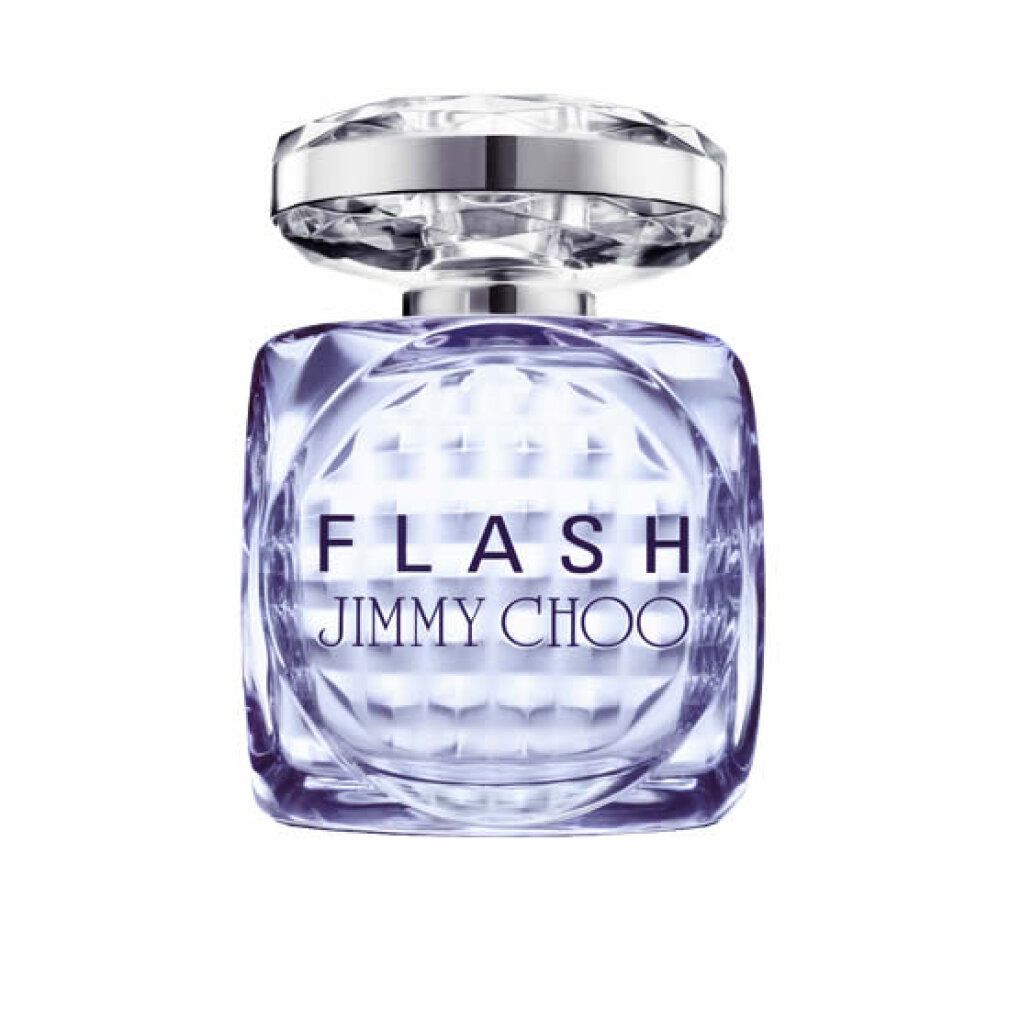 Parfümflakon mit silbernem Deckel und Facettenschliff. Aufschrift: FLASH JIMMY CHOO. Flüssigkeit blau.