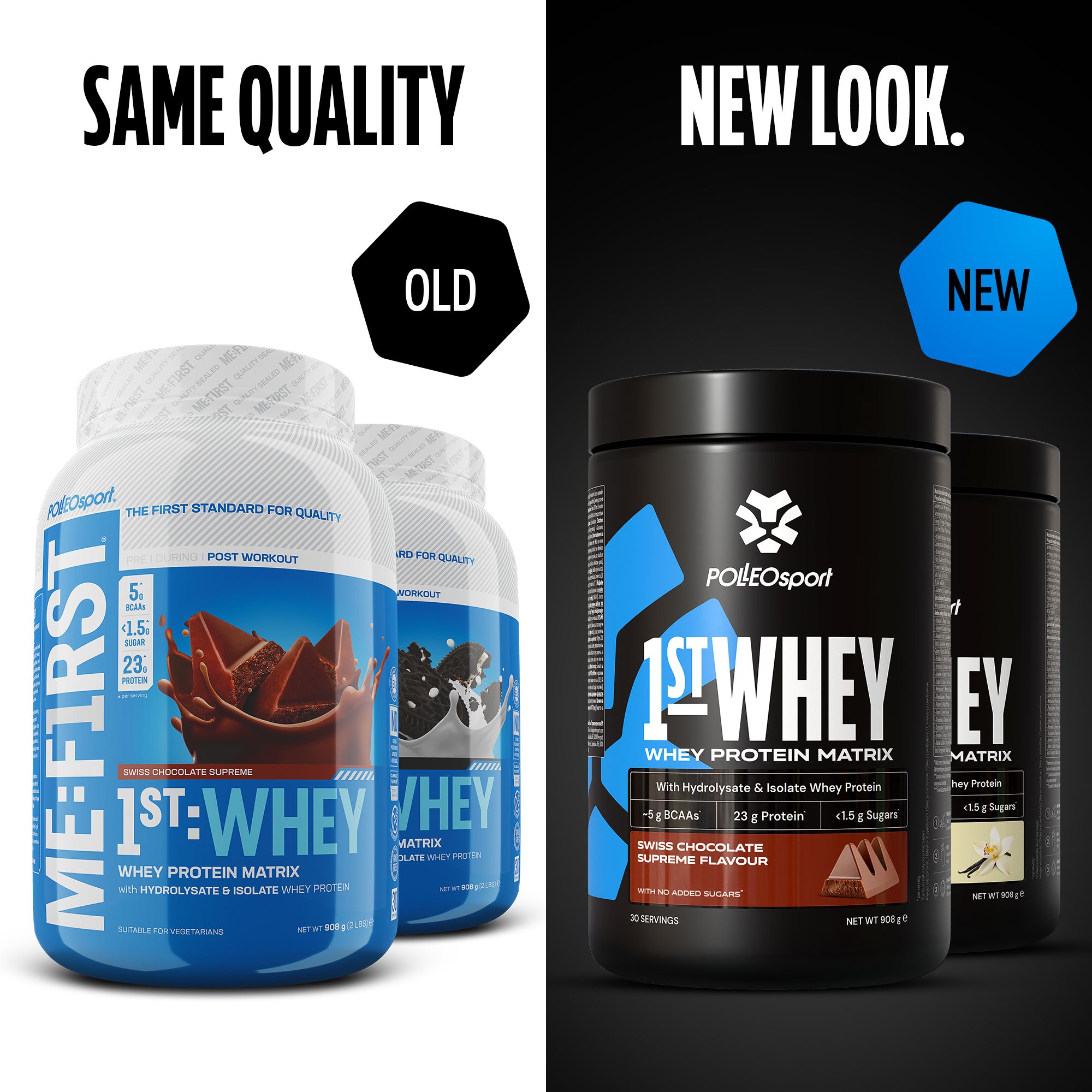 Vergleich: Alte und neue Verpackung "1ST:WHEY". Links: blaue Dose. Rechts: schwarze Dose. Beide enthalten Protein.