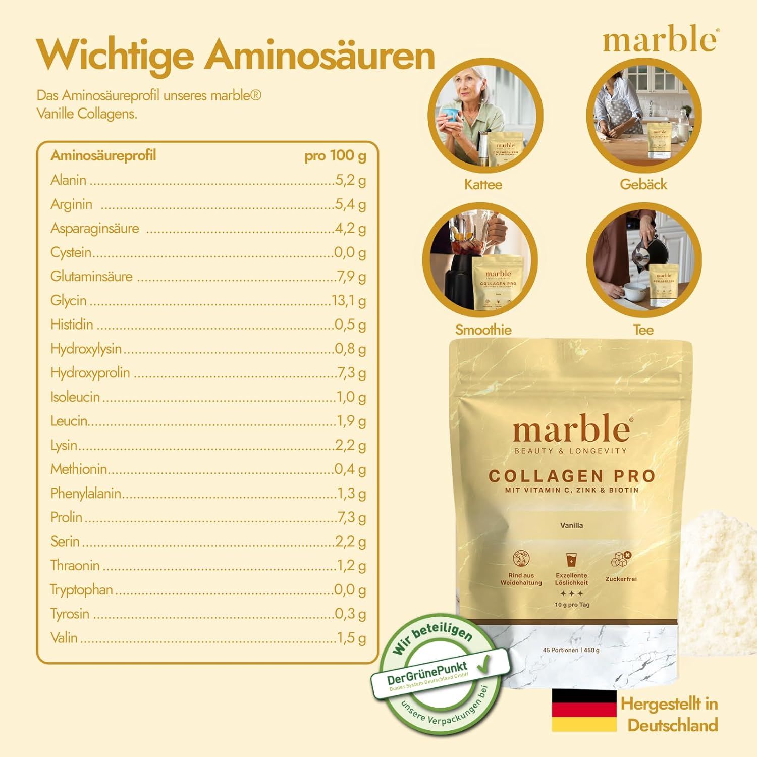 Marble Collagen Pro Packung mit Aminosäureprofil und Anwendungsvorschlägen (Kaffee, Gebäck, Smoothie, Tee).