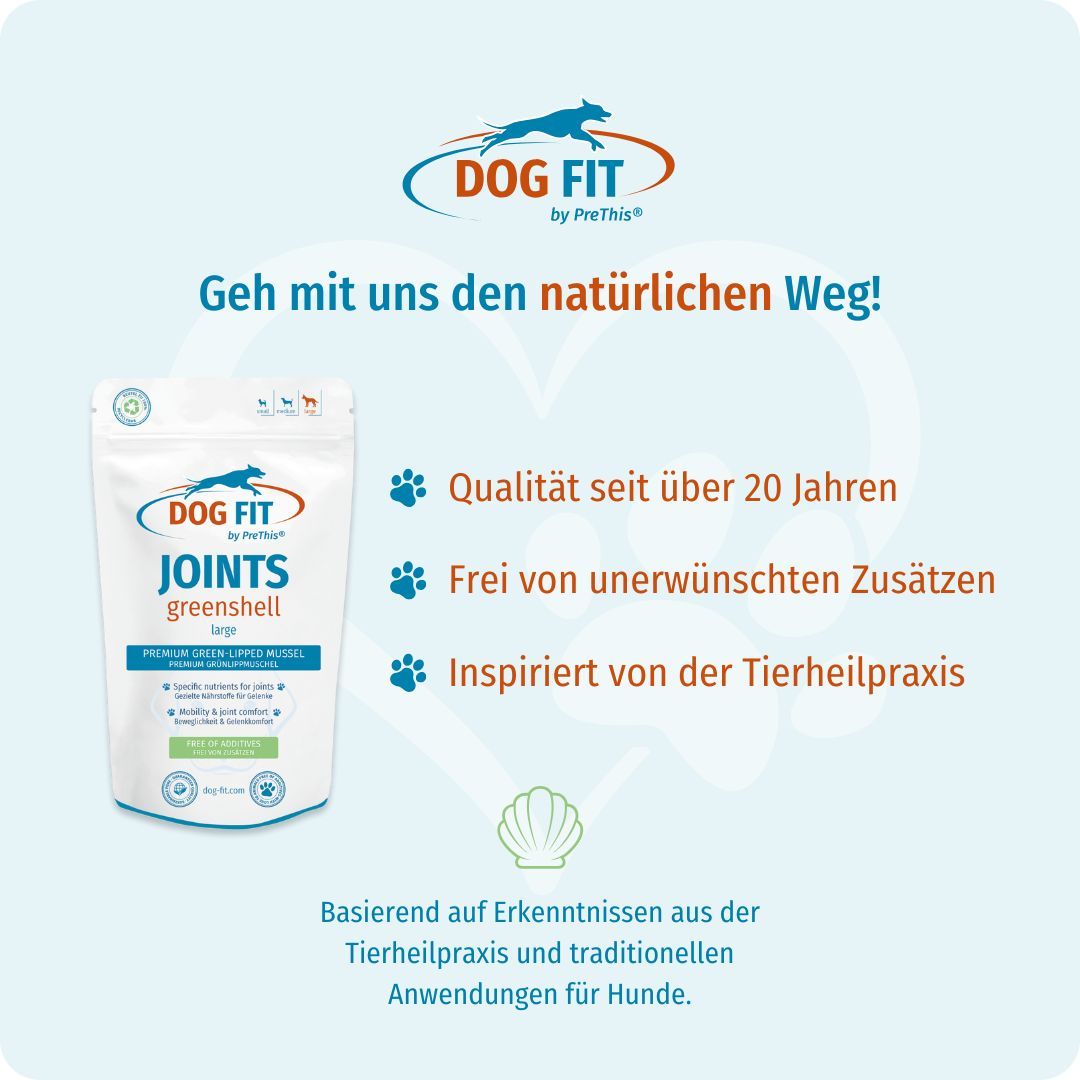 DOG FIT by PreThis® JOINTS greenshell, Beutel. Text: Qualität seit über 20 Jahren, frei von unerwünschten Zusätzen, inspiriert von Tierheilpraxis.