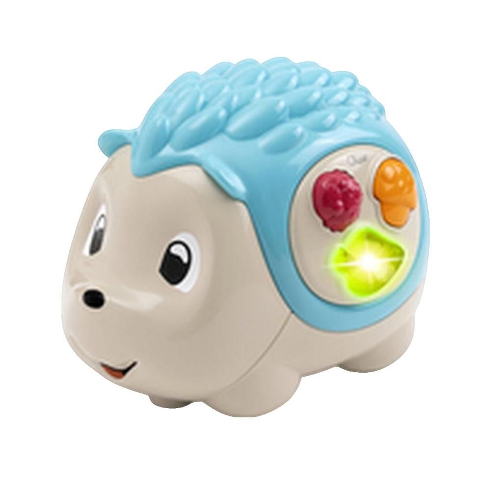 Sensorischer Igel. Beige-blaues Spielzeug mit Knöpfen. Runde Form, stacheliger Rücken. Knöpfe: rot, orange, grün. Leuchtendes Element.