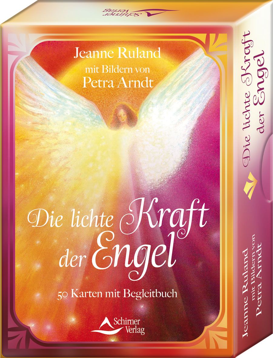 Kartenbox mit Titel "Die lichte Kraft der Engel". Autorin: Jeanne Ruland. 50 Karten mit Begleitbuch. Verlag: Schirner Verlag.