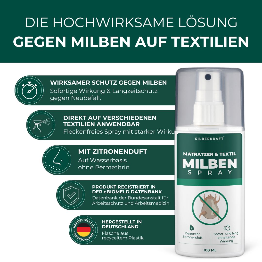 Weißes Spray mit Sprühkopf, Etikett mit Produktinformationen. Text: SILBERKRAFT, Matratzen & Textil Milbenspray, 100 ml, hergestellt in Deutschland.