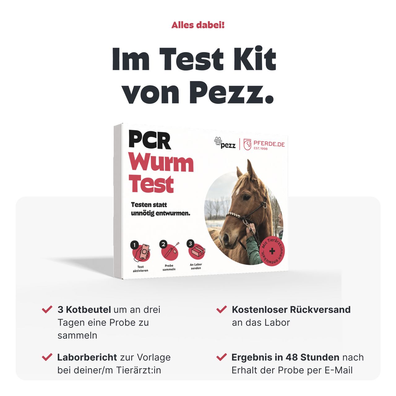 Test-Kit von Pezz. Enthält 3 Kotbeutel, kostenlosen Rückversand, Laborbericht und Ergebnis in 48 Stunden per E-Mail. Produktname und Pferdeabbildung.