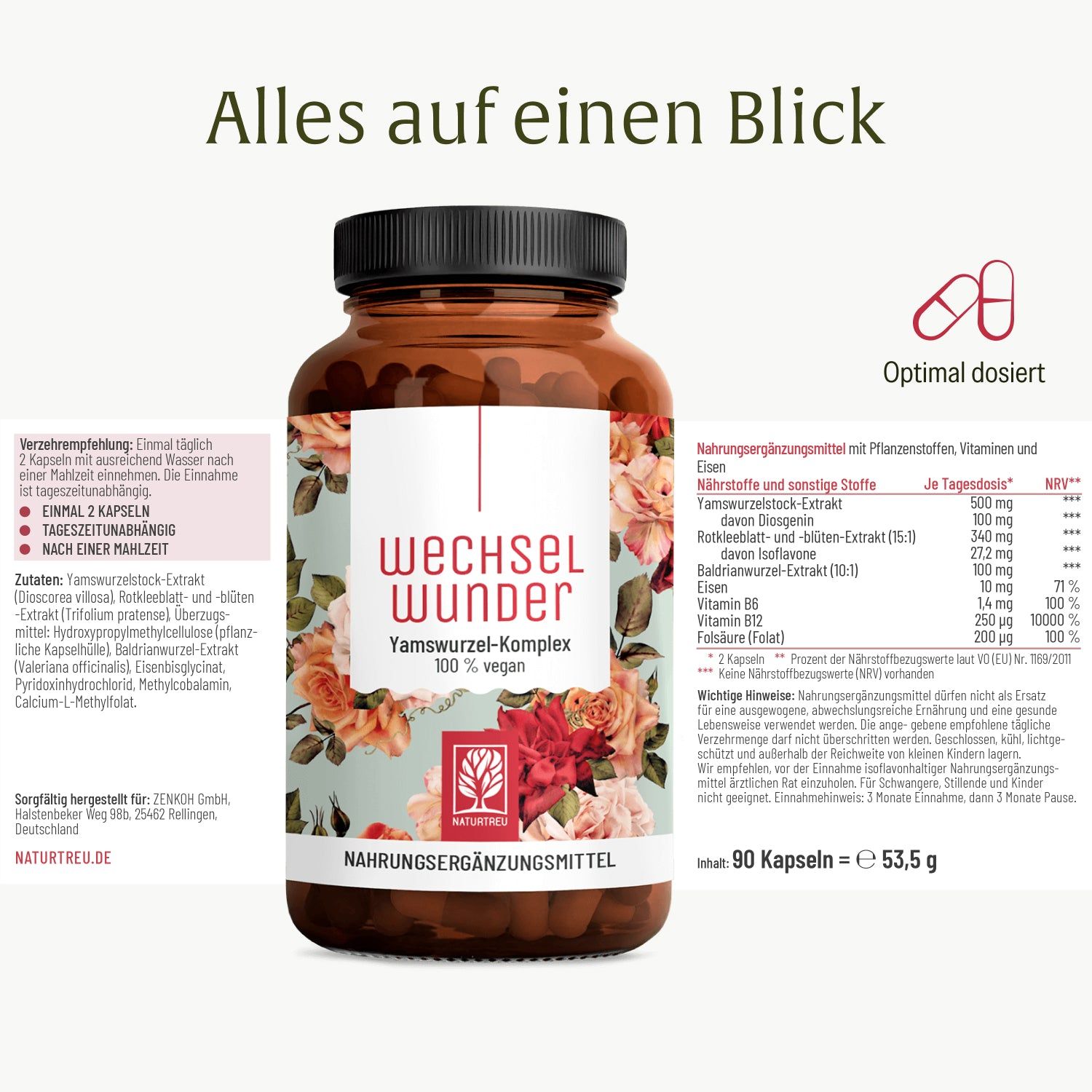 Flasche Wechselwunder mit detaillierter Nährwerttabelle und Einnahmeempfehlung.