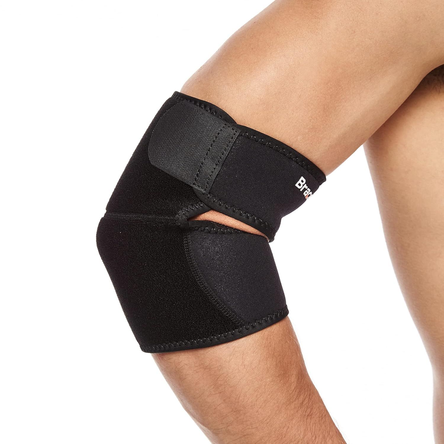 Schwarzer Ellenbogen-Stabilisator mit atmungsaktivem Material und Klettverschluss.