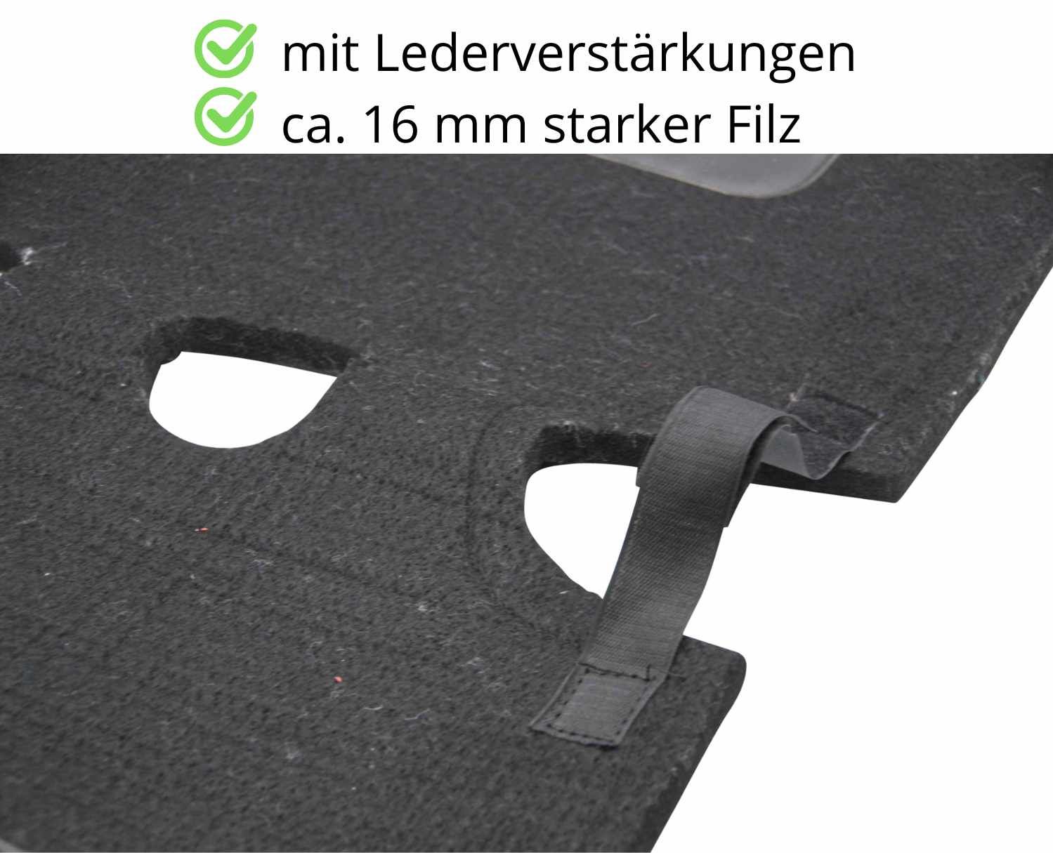 Schwarzes Filzpad mit Lederverstärkungen und Klettverschluss. Text: mit Lederverstärkungen, ca. 16 mm starker Filz.