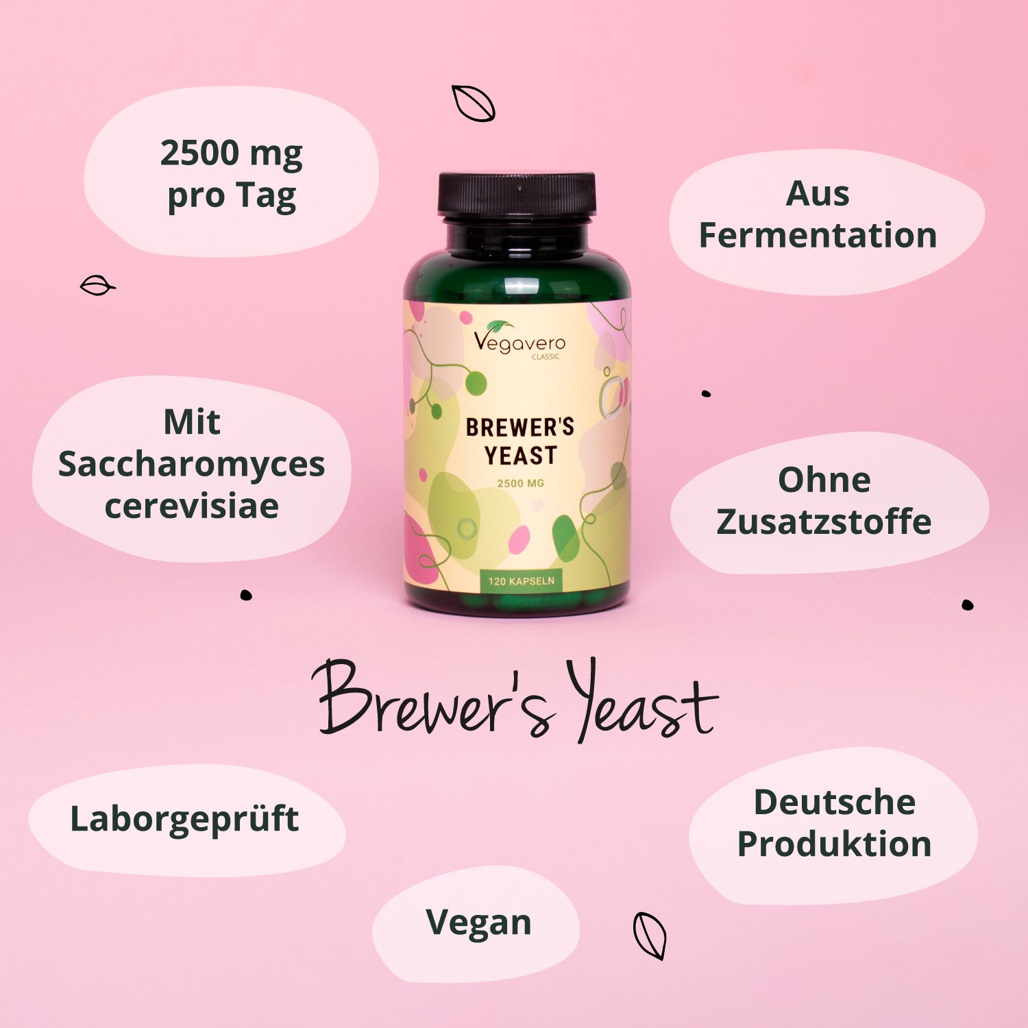 Flasche mit Kapseln, umgeben von Textblasen. Aufschrift: BREWER'S YEAST. 120 Kapseln. Marke: Vegavero.