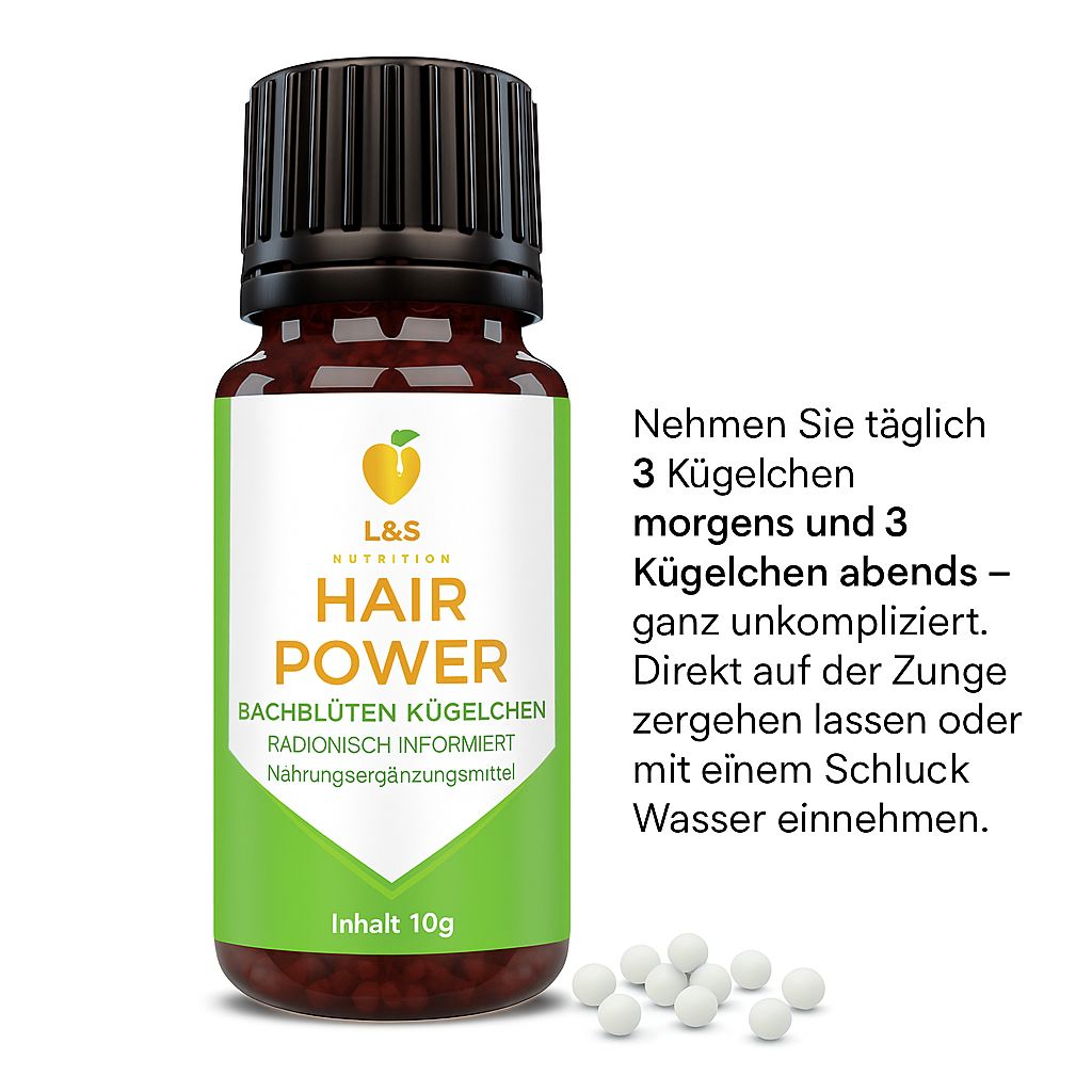 Braune Flasche mit schwarzem Deckel. Etikett mit Text und Kügelchen daneben. "Hair Power".