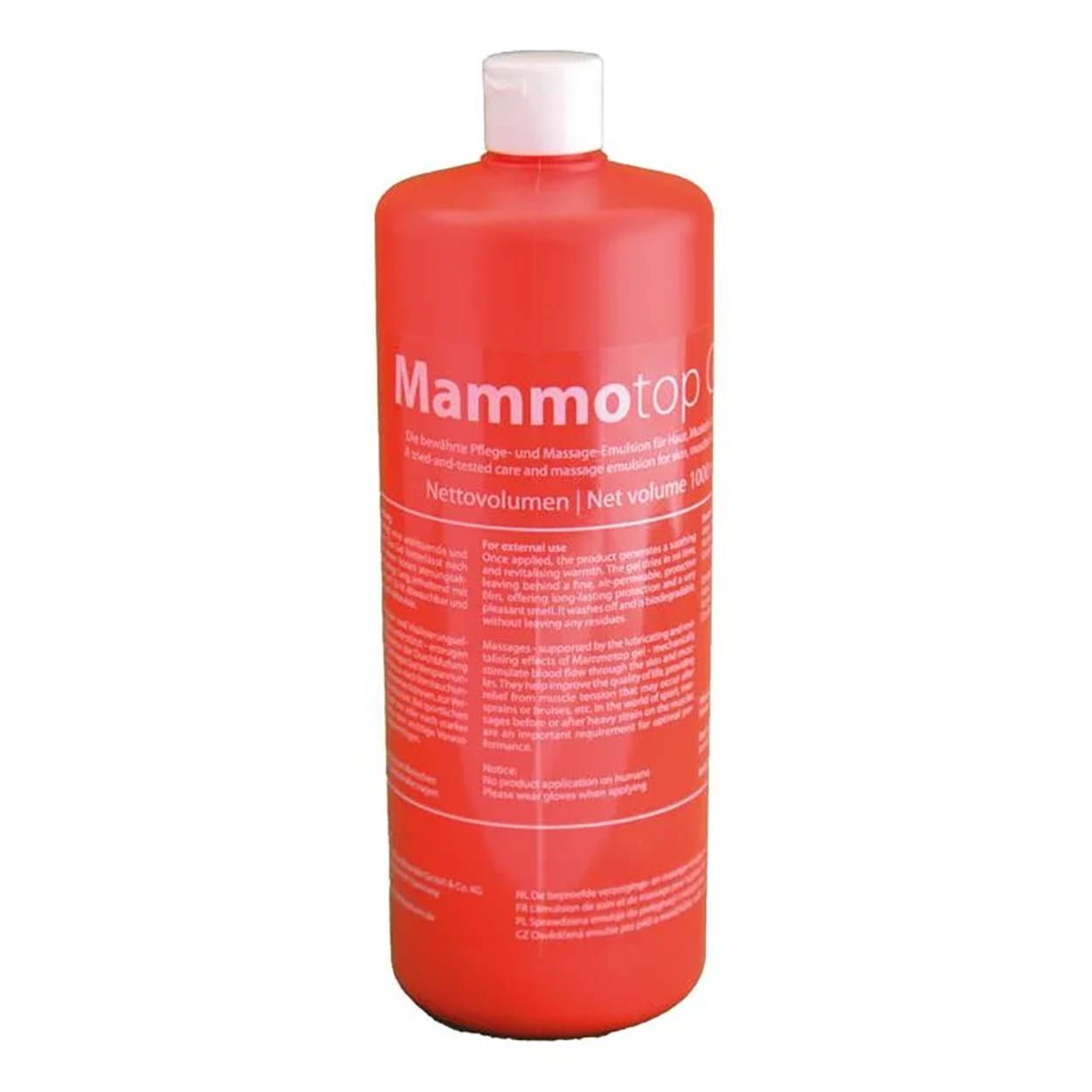 Rote Flasche mit weißem Deckel, beschriftet mit Mammotop Pflege- und Massage-Emulsion.